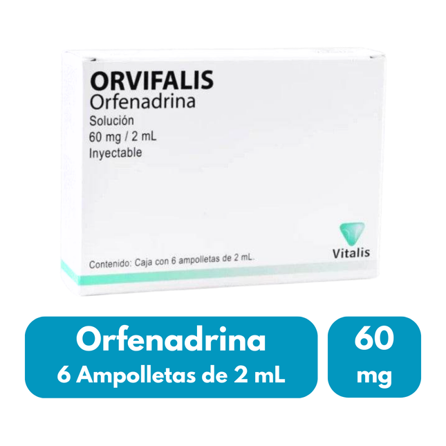 Orvifalis (Orfenadrina) 60 mg / 2ml Solución Inyectable Caja con 6 Ampolletas