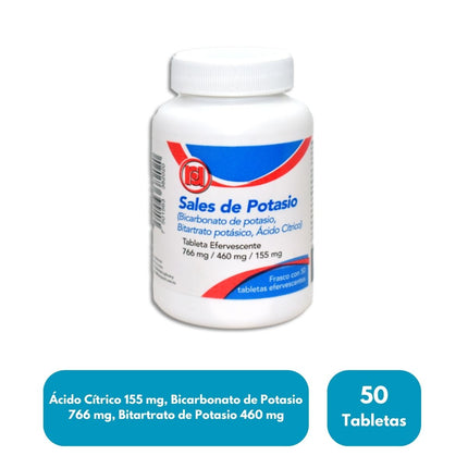 Sales de Potasio (Acido Citrico 155 mg, Bicarbonato de Potasio 766 mg, Bitartrato de Potasio 460 mg)  Frasco con 50 Tabletas Efervescentes