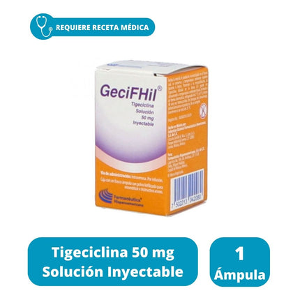 GeciFHil (Tigeciclina) 50 mg Solucion Inyectable  Caja con Frasco Ámpula