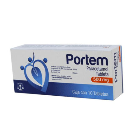 Portem (Paracetamol) 500 mg Caja con 10 Tabletas