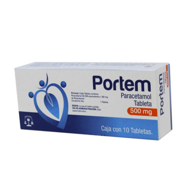 Portem (Paracetamol) 500 mg Caja con 10 Tabletas