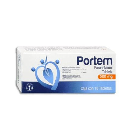 Portem (Paracetamol) 500 mg Caja con 10 Tabletas